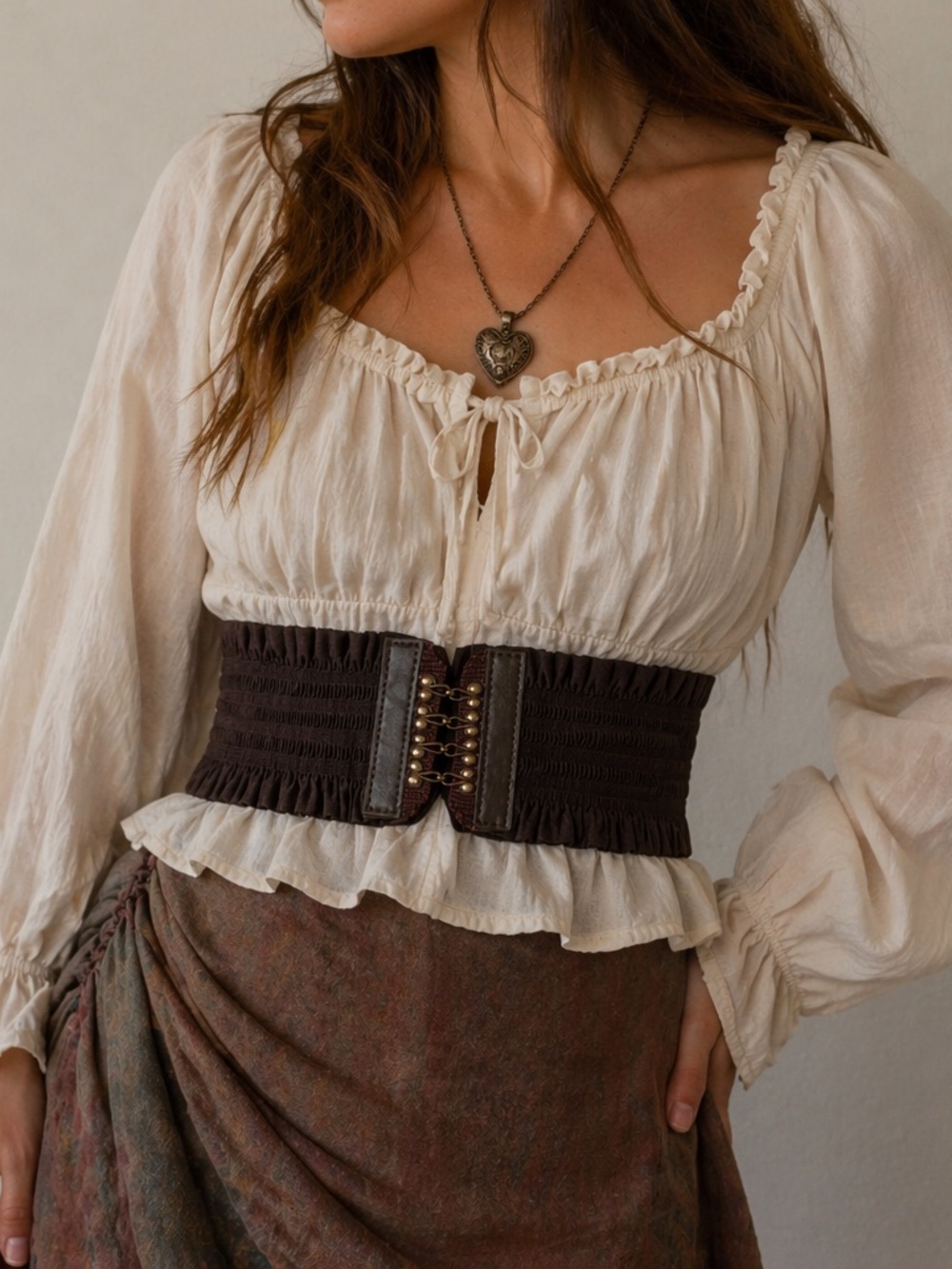 Vintage Corset Waist Belt Faux Leather Ruched Slim Fit Dark Brown Steampunk 29”